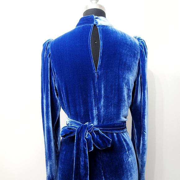 Reformation Silk Burgundy Caspien Color Royal Blue Velvet Puff Sleeve Wr… - Picture 13 of 15